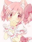  1girl :3 absurdres animal_ear_fluff animal_ears blush cat_ears cat_girl cat_tail commentary_request dress frilled_sleeves frills gloves hair_between_eyes heart highres hitode kaname_madoka kaname_madoka_(magical_girl) kemonomimi_mode looking_at_viewer magical_girl mahou_shoujo_madoka_magica mahou_shoujo_madoka_magica_(anime) paw_pose pink_background pink_dress pink_eyes pink_hair puffy_short_sleeves puffy_sleeves short_hair short_sleeves short_twintails simple_background solo star_(symbol) tail twintails white_gloves 