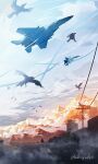  2boys absurdres ace_combat ace_combat_7 aircraft airplane bird cloud commentary_request count_(ace_combat_7) f-15_eagle fighter_jet flying from_below highres military_vehicle mountain multiple_boys onigiri_maru_(maruchosu) power_lines sky su-33 trigger_(ace_combat) utility_pole 