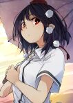  1girl absurdres black_hair commentary_request futatsuki_eru hat highres holding holding_umbrella looking_at_viewer pom_pom_(clothes) red_eyes red_hat shameimaru_aya shirt short_hair solo tokin_hat touhou umbrella white_shirt 