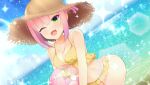  1girl :d ;d absurdres armpit_crease ball bare_shoulders beachball bikini blue_sky blurry blurry_background blush breasts cleavage collarbone commentary_request commission cowboy_shot day dutch_angle fang frilled_bikini frills green_eyes hair_between_eyes halterneck hat highres holding holding_ball holding_beachball large_breasts looking_at_viewer medium_hair navel obsidiaki official_alternate_costume one_eye_closed open_mouth outdoors pink_hair sidelocks skeb_commission sky smile solo sparkle stomach straw_hat sweatdrop swimsuit tanikaze_amane tenshi_souzou_re-boot! thigh_gap tsurime twitter_username yellow_bikini 