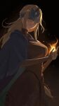  1girl bandaged_arm bandages black_background black_cape blindfold_mask blonde_hair breasts brown_dress cape cloak commentary covered_eyes dark_souls_(series) dark_souls_iii dress english_commentary fire fire_keeper highres jewelry large_breasts long_hair mask necklace parted_lips solo tumugi_sunohara 