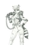  2021 anthro baron_engel breasts cleavage clothed clothing ear_piercing ear_ring eyebrows eyelashes female fur ghostbusters gloves graphite_(artwork) greyscale hair hand_on_hip handwear hi_res inner_ear_fluff jumpsuit looking_at_viewer mammal markings monochrome pencil_(artwork) piercing procyonid raccoon ring_(marking) ringtail smile solo tail_markings traditional_media_(artwork) tuft 
