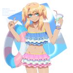  1girl aqua_eyes bare_arms bare_shoulders bikini bikini_skirt blonde_hair blue_bikini blue_nails blue_sky border bracelet bridget_(guilty_gear) closed_mouth cloud collarbone colored_eyelashes commentary_request cowboy_shot cup day disposable_cup double-parted_bangs drinking_straw elbow_carry english_text eyes_visible_through_hair facing_viewer frilled_bikini frilled_innertube frilled_skirt frills groin guilty_gear guilty_gear_strive hair_between_eyes hair_flaps hair_intakes holding holding_cup holding_swim_ring innertube jewelry layered_bikini layered_skirt lips looking_to_the_side miniskirt multicolored_nails nail_polish navel outdoors outside_border pink_bikini pink_nails pink_skirt sidelocks skirt sky smile solo standing stomach striped_innertube swim_ring swimsuit tondabayashi_koori transgender_flag transgender_flag_print transparent_innertube twintails twitter_username v watermark white_bikini white_border white_nails white_skirt yellow_trim 