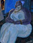  2021 anthro beak big_breasts big_butt breasts butt cleavage clothed clothing curvy_figure digital_media_(artwork) dinosaur dress dyna_soar ear_piercing ear_ring expressionism female fin furniture hands_on_lap head_crest head_fin hi_res inside jewelry nails necklace night open_window overweight painting_(artwork) piercing portrait purple_body purple_eyes purple_scales reptile saurian_(disambiguation) scales scalie signature sitting sofa solo strapless_clothing strapless_dress traditional_media_(artwork) white_clothing white_dress 