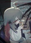  1girl absurdres ahoge animal_ears blood blood_on_face can closed_eyes food grey_hair highres holding instant_cup_noodles instant_noodles k_hottok long_hair long_sleeves multicolored_hair original red_hair sitting solo two-tone_hair vending_machine wide_sleeves 