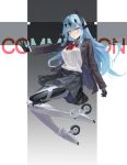  1girl absurdres alcientia blue_hair bodysuit bodysuit_under_clothes collar flying grey_eyes highres jacket latex latex_bodysuit long_hair looking_at_viewer mecha_musume mechanical_legs original personification pleated_skirt sgt_daniel shirt skin_tight skindentation skirt solo very_long_hair white_shirt 