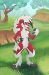 absurd_res anthro black_nose claws fluffy fluffy_tail forest forest_background fur generation_7_pokemon grass hi_res homa_nix looking_at_viewer lycanroc male mammal midnight_lycanroc mountain naughtyroc_(hyperionskunk) nintendo orange_body orange_fur paws plant pokemon pokemon_(species) smile solo tail tree white_body white_fur