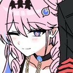  1boy 1girl chain closed_mouth commentary_request denia_(wuthering_waves) gloves hair_ornament holding_another's_arm korean_commentary lix_(iroiro3843) looking_at_viewer lowres male_rover_(wuthering_waves) out_of_frame pink_hair portrait purple_eyes red_gloves rover_(wuthering_waves) smile solo_focus sticker_(medium) wuthering_waves 