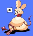 2026 anthro big_butt bodily_fluids bottom_heavy bottomless bottomless_anthro bottomless_female bound brown_eyes bubble_butt butt clothed clothing digital_drawing_(artwork) digital_media_(artwork) female female_anthro fur hairless_tail huge_butt jacket legs_tied looking_back lying mammal mina_(mina_the_hollower) mina_the_hollower mouse murid murine on_side pixel_(artwork) rear_view rodent sabs solo sweat topwear weapon white_body white_fur yacht_club_games