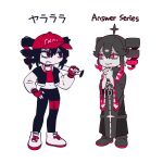  2girls baseball_bat black_boots black_hair black_jacket black_leggings black_robe boots closed_mouth color_connection commentary_request drill_hair dual_persona fang hair_color_connection hat holding holding_baseball_bat jacket kasane_teto kyuu_&amp;_ei_(utau) leggings letterman_jacket multiple_girls red_eyes red_hat robe s3s4k1m simple_background smile twin_drills utau white_background white_sleeves wide_sleeves yararara_(synthesizer_v) 
