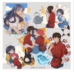  1boy 2girls :3 ^_^ absurdres bisexual_female blue_dress blue_eyes blue_hair blue_overalls blue_skirt blush braid brown_eyes brown_hair chinese_clothes closed_eyes closed_mouth cup dress drinking_straw english_commentary fuurinkan_high_school_uniform hand_in_pocket hand_on_another's_waist head_on_chest highres holding holding_cup hug imminent_hit long_hair multiple_girls nekoken_technique overalls p-chan_(ranma_1/2) panda pig pink_hair plaid_clothes plaid_skirt prcrstncn ranma_1/2 saotome_genma_(panda) saotome_ranma saotome_ranma_(female) saotome_ranma_(male) school_uniform shirt shirt_under_dress short_hair single_braid skirt tangzhuang teapot tendou_akane white_shirt 