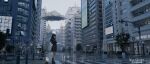  1girl 3d ahoge black_hair black_shirt black_shoes black_skirt building cityscape cloud cloud_over_head commentary day from_side full_body highres holding holding_umbrella lamppost long_hair long_sleeves original outdoors people reflection road road_sign scenery shirt shoes sign skirt skyscraper solo standing straight_hair street traffic_light transparent transparent_umbrella tree umbrella vanish_(pixiv_111424881) 