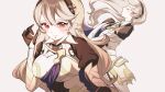  1girl black_gloves black_hairband breasts closed_eyes commentary_request female_corrin_(fire_emblem) fire_emblem fire_emblem_fates floating_hair gloves grey_background grey_hair hair_between_eyes hairband hand_up long_hair looking_at_viewer medium_breasts minto71311 multiple_views pointy_ears puffy_sleeves red_eyes simple_background 