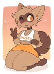 2026 5_fingers anthro blush bottomwear brown_body brown_fur cat_smile cheek_tuft circle_eyebrows closed_smile clothed clothing crop_top crossdressing digital_drawing_(artwork) digital_media_(artwork) english_text eyebrows facial_tuft femboy fingers fishnet_clothing fishnet_topwear fur gesture gloves_(marking) gradient_background hair hand_gesture hi_res kneeling leg_markings male markings mouth_closed ohalphabetboyy one_eye_closed orange_eyes orange_text shirt short_hair siamese_cat simple_background skirt smile socks_(marking) solo sparkles tail text text_on_clothing text_on_topwear thick_thighs topwear tuft v_sign white_clothing white_crop_top white_topwear