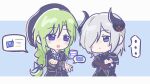  ... 2girls arms_under_breasts assault_lily beret black_gloves black_hat black_horns black_jacket black_skirt blue_background blue_eyes blush braid bridal_gauntlets brown_bridal_gauntlets checkmark chibi chibi_only closed_mouth crossed_arms demon_horns eye_contact frilled_sleeves frills gloves green_hair grey_hair hair_between_eyes hair_over_one_eye hand_on_own_arm hands_up hat highres horns jacket kasa_(kasa_mayulove) long_hair long_sleeves looking_at_another low-braided_long_hair low-tied_long_hair multiple_girls murakami_tomoe one_eye_covered open_hand open_mouth purple_eyes sekino_youko short_hair single_glove skirt smile spoken_ellipsis spoken_object standing two-tone_background very_long_hair white_background 