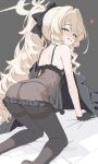  1girl all_fours ass babydoll bare_shoulders black_babydoll black_gloves black_panties black_pantyhose blonde_hair blue_archive commentary from_behind gloves green_eyes grin hair_intakes halo heart highres kamitosayu long_hair looking_at_viewer looking_back panties panties_under_pantyhose pantyhose professor_niyaniya_(blue_archive) smile solo thighband_pantyhose underwear yellow_halo 