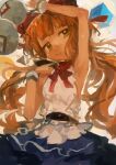  1girl absurdres arm_up armpits belt blonde_hair blue_skirt bow bowtie commentary_request cuffs gourd highres ibuki_suika kaamin_(mariarose753) red_bow red_bowtie shackles shirt skirt solo touhou white_background white_shirt yellow_eyes 
