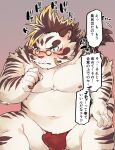  2021 anthro asian_clothing band-aid bandage belly blush clothing east_asian_clothing felid fundoshi fur hi_res humanoid_hands japanese_clothing japanese_text jinnai kemono licho_(tas) lifewonders male mammal moobs navel nipples overweight overweight_male pantherine red_clothing red_fundoshi red_underwear sitting solo text tiger tokyo_afterschool_summoners underwear video_games white_body white_fur 