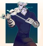  1boy absurdres animal_ears arknights artist_name black_pants blue_shirt bow_(music) bulge claws closed_eyes closed_mouth commentary cross_scar daru808080 english_commentary furry furry_male highres holding holding_bow_(music) holding_instrument holding_violin instrument male_focus mountain_(arknights) multiple_scars pants scar scar_across_eye scar_on_arm scar_on_cheek scar_on_face shirt tiger_boy tiger_ears tiger_stripes twitter_username violin 