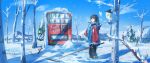 1girl :o absurdres animal aqua_scarf arm_at_side ass bare_tree bilingual_commentary bird black_hair black_hat black_pants blue_eyes blue_sky breath can chinese_commentary clothed_animal coat commentary_request day drink_can fishing_rod hargow hat highres holding holding_can holding_fishing_rod long_sleeves looking_at_viewer mixed-language_commentary mountain mountainous_horizon open_mouth original outdoors owl pants red_coat scarf scenery shadow short_hair sky snow soda_can solo straight_hair tree turning_head vending_machine white_bird winter winter_clothes winter_coat yellow_scarf 