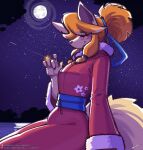 2026 accessory anthro blush canid canine ceroba_ketsukane clothing eyebrows female fox hair hair_accessory hair_bun hi_res lyorenth-the-dragon mammal moon night orange_hair outside sitting solo tan_body undertale_(series) undertale_yellow