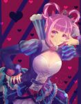  1girl absurdres arm_up blue_dress blunt_bangs breasts commentary_request cross-laced_clothes cross-laced_dress dress facial_mark fire_emblem fire_emblem_engage folded_twintails fur_trim fur_wrist_cuffs hair_flaps hair_rings hand_on_own_hip hand_up heart heart_background heart_facial_mark highres hortensia_(fire_emblem) looking_at_viewer multicolored_hair multicolored_tiara pink_eyes pink_hair sidelocks small_breasts smile solo striped_clothes striped_dress two-tone_hair upper_body v vertical-striped_clothes vertical-striped_dress wrist_cuffs yukiyana 