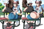  2girls :q absurdres ass assisted_exposure bag baseball_cap black_boots black_pantyhose black_shirt blue_eyes blue_shoes blue_shorts blush boots breast_press breasts brown_hair caught chair closed_mouth clothes_pull crossed_ankles cutoffs day denim denim_shorts donut_hair_bun double_bun flipzrok grabbing_another's_ass groping hair_bun handbag hat high_ponytail highres hilda_(pokemon) large_breasts leaning_forward long_hair looking_at_another medium_breasts multiple_girls nose_blush outdoors panties pantyhose pink_panties poke_ball_print pokemon pokemon_black_2_and_white_2 pokemon_black_and_white ponytail raglan_sleeves rosa_(pokemon) shirt shoes shorts shorts_pull sitting sleeveless sleeveless_shirt smile sneakers table thong tongue tongue_out twintails underwear visor_cap white_hat white_shirt yellow_shorts yuri 