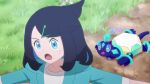  1girl :o black_hair blue_eyes blue_jacket colored_inner_hair commentary_request cowlick day eyelashes grass hair_ornament hairclip jacket liko_(pokemon) long_hair mikanlkk multicolored_hair open_clothes open_jacket open_mouth outdoors pokemon pokemon_(anime) pokemon_(creature) pokemon_horizons shirt sweat swept_bangs terapagos white_shirt 