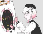  1girl arcade_cabinet beret black_coat black_hat coat commentary_request cross_ornament flower flower-trimmed_sleeves gloves gradient_hair hair_flower hair_ornament hat hat_flower hat_ribbon long_sleeves mahou_shoujo_no_majo_saiban maimai_(game) multicolored_hair pink_eyes pink_gloves pink_hair playing_games playing_video_games puffy_sleeves rhythm_game ribbon sakuraba_ema sega short_hair simple_background sweatdrop tohogarireo translation_request white_background white_flower white_hair x_hair_ornament 