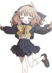  1girl :d ^_^ absurdres black_sailor_collar black_shirt black_skirt blush bow bowtie brown_hair brown_shoes closed_eyes commentary_request facing_viewer foot_out_of_frame highres idolmaster idolmaster_million_live! leg_up long_sleeves medium_hair meeeeeeco359 open_mouth pleated_skirt sailor_collar sailor_shirt school_uniform serafuku shirt shoes simple_background skirt smile socks solo standing standing_on_one_leg suou_momoko white_background white_socks yellow_bow yellow_bowtie 