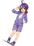  1girl alternate_costume bakumatsu_rouman blush bow commentary_request fang hair_bow hand_up highres ichijou_akari jacket open_mouth pants partially_open_jacket purple_track_suit red_bow red_shoes shirt shoes simple_background socks solo standing stupa13a sweat track_jacket track_pants track_suit undershirt v white_background white_shirt white_socks 