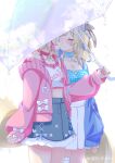  2girls bare_shoulders blonde_hair blue_cardigan blue_eyes blue_hair blue_nails blush bow breasts cardigan cleavage closed_eyes commentary_request cowboy_shot dog_girl dog_tail fuwawa_abyssgard fuwawa_abyssgard_(casual) heart highres hinata_hirune holding holding_umbrella hololive hololive_english imminent_kiss incest large_breasts long_hair mococo_abyssgard mococo_abyssgard_(casual) multicolored_hair multiple_girls official_alternate_costume pink_streaks pink_sweater pleated_skirt rainbow shared_umbrella short_hair siblings simple_background sisters skirt small_breasts star_(symbol) streaked_hair sweater tail transparent transparent_umbrella twincest twins umbrella virtual_youtuber water white_background white_bow white_skirt x_(symbol) yuri 