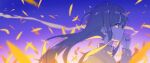  1girl absurdres black_hair blue_sky brown_sweater cigarette floating_hair from_side hand_up highres long_hair long_sleeves meito_(maze) original profile puffy_long_sleeves puffy_sleeves sky smoke smoking solo sunset sweater turtleneck turtleneck_sweater very_long_hair 