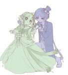 1boy 1girl 8w7hluxisx32753 alternate_costume asymmetrical_sidelocks blunt_ends blush boots bracelet braid chest_jewel closed_mouth coat collared_shirt cross-shaped_pupils dress flower formal_clothes frilled_sleeves frills genshin_impact hair_flower hair_ornament half-closed_eyes half_crown_braid hands_up hat head_tilt heart heart_hair_ornament holding_hands jewelry kneeling lapels leaf leaf_hair_ornament limited_palette long_dress long_sleeves looking_at_another mini_hat mini_top_hat nahida_(genshin_impact) open_clothes open_coat outstretched_arms pants pointy_ears ribbon rose scaramouche_(genshin_impact) shawl shirt sidelocks smile split_mouth spread_arms symbol-shaped_pupils top_hat tsurime undershirt vest white_background wispy_bangs 