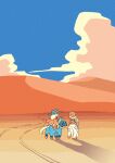  2boys absurdres animal blonde_hair cape chibi chibi_only commentary_request day desert from_behind gyro_zeppeli hat highres hill horse horseback_riding johnny_joestar jojo_no_kimyou_na_bouken limited_palette long_hair m_a_a_m_8 male_focus multiple_boys outdoors reins riding saddle sky steel_ball_run 