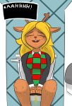  absurd_res anthro antlers bathroom blonde_hair bodily_fluids capreoline cervid christmas christmas_clothing christmas_sweater christmas_topwear clothed clothing deltarune digital_media_(artwork) english_text female freckles genital_fluids hair hi_res holidays horn mammal noelle_holiday notmypornaccount open_mouth panties peeing reindeer relieved sitting smile solo sweater teeth text text_box toilet toilet_paper toilet_use topwear undertale_(series) underwear urine urine_stream video_games watersports 