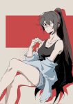  1girl black_shirt blue_shorts brown_eyes brown_hair carmen_(project_moon) commentary eyepatch high_ponytail highres jacket lobotomy_corporation long_hair medical_eyepatch ponytail project_moon shirt shorts sidelocks sitting sleeveless sleeveless_shirt solo srnanbai untranslatable_commentary very_long_hair white_jacket 