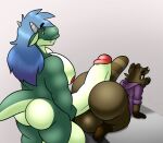  anthro balls big_balls big_butt big_penis blue_hair bottomless brown_body brown_fur bubble_butt butt canid canine clothed clothing colelucario dragon duo fur genitals green_body hair hi_res hoodie horn hot_dogging huge_balls huge_butt huge_penis hyper hyper_balls hyper_genitalia hyper_penis long_hair male male/male mammal nipples nude oliver_(colelucario) pecs penis purple_clothing purple_hoodie purple_topwear raccoon_dog tanuki topwear tuck_(colelucario) 
