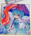  1girl :p art_tools_in_frame blue_eyes blue_flower blue_hair blue_skirt blue_vest commentary_request flower heterochromia highres hydrangea juliet_sleeves karakasa_obake long_sleeves looking_at_viewer medium_hair moni_monico photo_(medium) puffy_sleeves purple_flower purple_umbrella red_eyes sample_watermark shikishi skirt solo tatara_kogasa tongue tongue_out touhou twitter_username umbrella vest watermark 