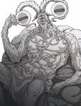  1boy arm_up body_piercings commentary_request disembodied_eye elden_ring elden_ring_nightreign extra_eyes goat_horns greyscale highres horizontal_pupils horns horrorjinkaku libra_(elden_ring) monochrome monster monster_focus muscular muscular_male pelvic_curtain reclining solo topless_male very_big_eyes 