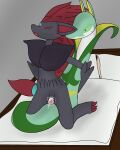 4:5 anthro bodily_fluids budatin cum cum_in_vagina cum_inside duo eyes_closed face_lick female from_behind_position generation_5_pokemon genital_fluids genitals green_body grey_body hi_res leaking_cum licking male male/female moan nintendo penis pokemon pokemon_(species) reptile scalie serperior sex snake tongue vulva zoroark