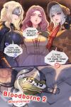  3girls apu_spills_his_tendies_(meme) artist_name ascot black_cape blindfold_mask blonde_hair bloodborne bonnet breasts brown_hair brown_hat cape cloak closed_mouth commentary company_connection dark_souls_(series) dark_souls_iii dress elden_ring english_commentary english_text facial_tattoo fire_keeper flower fromsoftware green_cape grey_dress grey_eyes grey_hair hat highres hood hooded_cloak large_breasts long_hair looking_at_viewer lying mask medium_hair melina_(elden_ring) meme multiple_girls on_stomach one_eye_closed plain_doll prywinko red_ascot short_hair speech_bubble tattoo tears teeth upper_body yellow_eyes 
