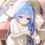  1girl ahoge bed bedroom blue_eyes blue_hair blurry blurry_background blush braiding_hair braiding_own_hair character_request commentary_request copyright_request cowboy_shot depth_of_field double-parted_bangs hair_ornament hair_tie hair_tie_in_mouth hairdressing highres indoors korean_commentary leaning_forward long_hair long_shirt looking_at_viewer mirror mouth_hold multicolored_hair pillow poster_(object) reflection reflection_focus sanis2_s shirt solo star_(symbol) star_hair_ornament star_in_eye streaked_hair symbol_in_eye three-quarter_sleeves v-shaped_eyebrows white_shirt white_streaks 