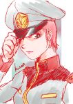  1girl black_eyes collared_jacket commentary_request earth_federation from_side gundam hand_on_own_hat hat highres jacket kico_factory lips looking_at_viewer matilda_ajan military military_hat military_uniform mobile_suit_gundam peaked_cap red_hair short_hair simple_background smile solo upper_body 