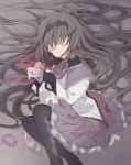  1girl absurdres akemi_homura akemi_homura_(magical_girl) argyle_clothes argyle_pantyhose black_hair black_hairband black_pantyhose closed_eyes commentary_request feet_out_of_frame frilled_skirt frills hair_spread_out hairband highres hitode long_hair long_sleeves lying magical_girl mahou_shoujo_madoka_magica mahou_shoujo_madoka_magica_(anime) neck_ribbon on_side pantyhose pleated_skirt purple_ribbon purple_skirt ribbon shirt skirt solo white_shirt 
