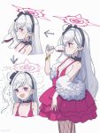  1girl :d absurdres arrow_(symbol) black_choker black_hairband blue_archive bow bow_choker breasts choker commentary_request cowboy_shot cup drinking drinking_glass earrings fishnet_pantyhose fishnets fur_shawl hairband halo highres jewelry looking_at_viewer mutsuki_(blue_archive) mutsuki_(dress)_(blue_archive) notice_lines open_mouth oyasumi_(sleepingnes1) pantyhose pointy_ears red_eyes red_halo shawl simple_background small_breasts smile white_background wine_glass 