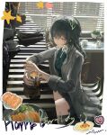  1girl animal_ears birthday black_hair book cat_ears chair closed_mouth coat commentary_request cup dress face_filter fake_animal_ears fake_whiskers food gakuen_idolmaster green_dress grey_coat hair_between_eyes happy_birthday heart highres holding holding_cup idolmaster indoors liquid long_hair long_sleeves looking_ahead plant plate potted_plant salmon saucer shrimp sitting solo star_(symbol) sushi table tsukimura_temari window window_blinds yellow_eyes yiuo_toyi 
