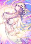  1girl bare_shoulders breasts cleavage collar fate/grand_order fate_(series) headpiece large_breasts long_hair long_skirt looking_at_viewer metal_collar navel official_art pochi_(pochi-goya) purple_hair red_eyes ribbon skirt solo third-party_source urd_(fate) very_long_hair white_skirt 