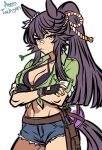  1girl absurdres aggytachyon agnes_tachyon_(lunatic_lab)_(umamusume) agnes_tachyon_(umamusume) agnes_tachyon_(umamusume)_(cosplay) animal_ears artist_name bandaid bandaid_on_face bandaid_on_nose bikini black_gloves black_hair blue_shorts blunt_ends breasts brown_eyes cleavage commentary cosplay cowboy_shot crossed_arms denim denim_shorts ear_ornament english_commentary fingerless_gloves gloves green_jacket groin halterneck highres horse_ears horse_girl horse_tail jacket long_hair looking_at_viewer medium_breasts mouth_hold narita_brian_(umamusume) ponytail pouch purple_bikini rope shimenawa shorts sidelocks simple_background solo stalk_in_mouth standing swimsuit tail tied_jacket umamusume v-shaped_eyebrows white_background 
