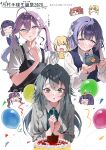  5girls absurdres ahoge apron balloon black_apron black_vest blush cake chibi chibi_inset coat commentary_request confetti cropped_torso ear_piercing fingernails flower food fujita_kotone gakuen_idolmaster green_hair green_shirt grey_coat hair_flower hair_ornament hanami_saki hataya_misuzu highres idolmaster kaya_rinha mole mole_on_neck mole_under_mouth multiple_girls nail_polish piercing purple_hair shirt smile streamers syngup!_(idolmaster) tigger_drawing translation_request tsukimura_temari twintails upper_body vest white_shirt 